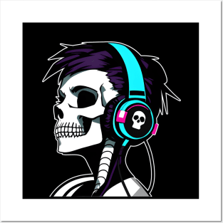 Girl Skull With Headphones, Violet, light blue | Listening Music Posters and Art